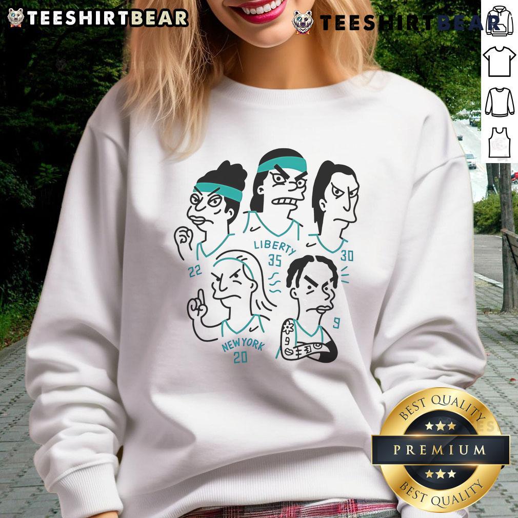 New York Liberty players Sabrina Ionescu, Courtney Vandersloot, Breanna Stewart, Jonquel Jones, and Betnijah Laney in sweatshirts.