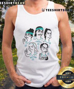 New York Liberty players Sabrina Ionescu, Courtney Vandersloot, Breanna Stewart, Jonquel Jones, and Betnijah Laney in tank tops.