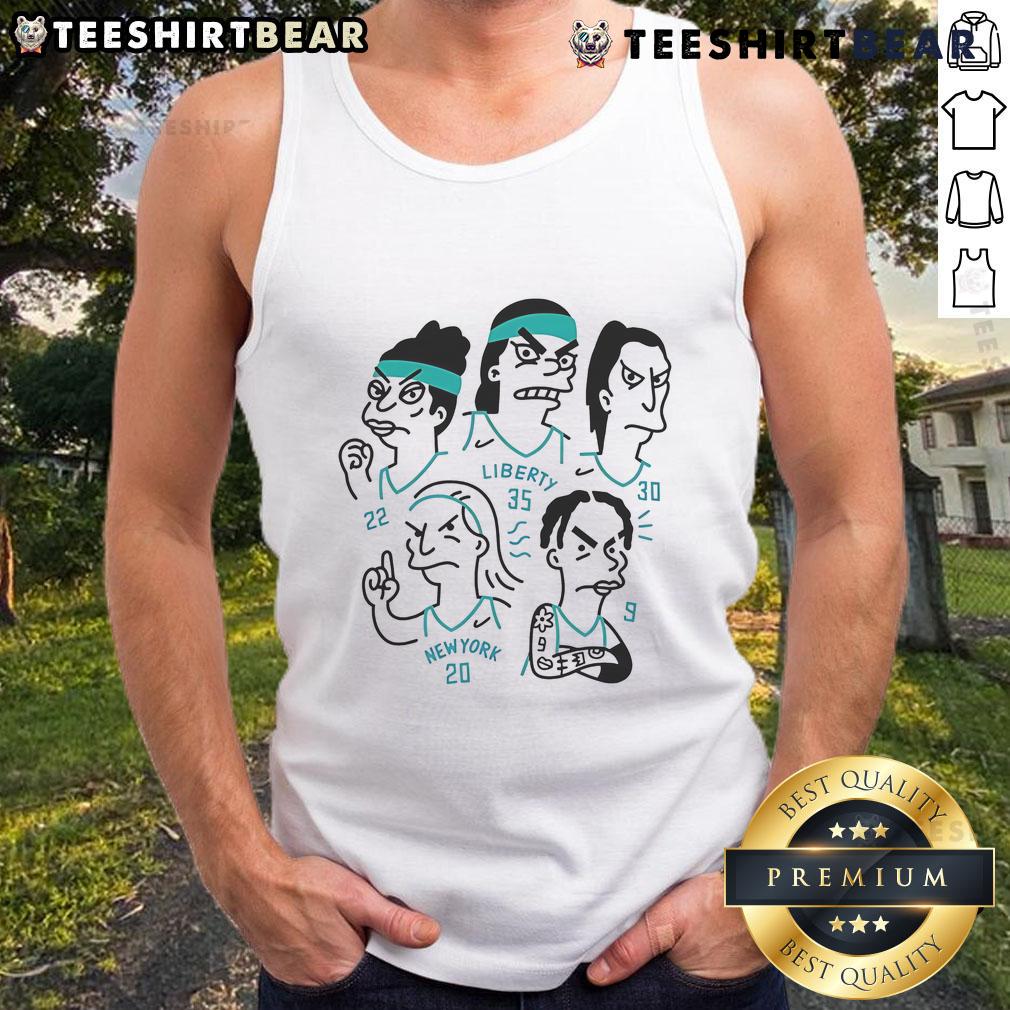 New York Liberty players Sabrina Ionescu, Courtney Vandersloot, Breanna Stewart, Jonquel Jones, and Betnijah Laney in tank tops.