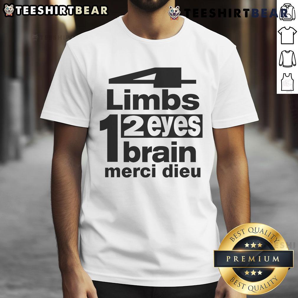 Alt Text: Good Punkandyo T-Shirt featuring 4 limbs, 2 eyes, and 1 brain design, expressing gratitude with 'Merci Dieu' text.
