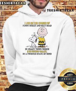 Cozy hoodie featuring Snoopy and Charlie Brown with the phrase 'I Live on the Corner of Funny Street and Silly Road'.