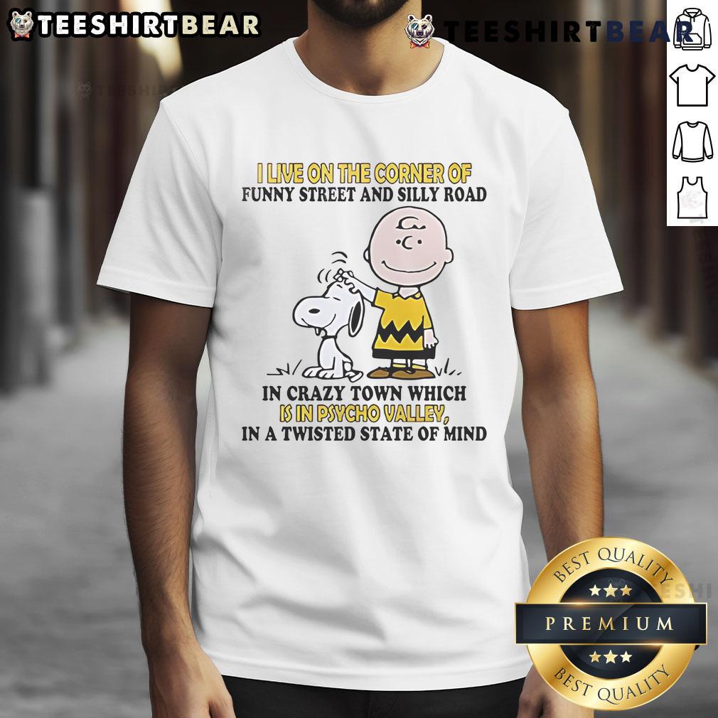 Alt Text: Good Snoopy and Charlie Brown t-shirt featuring 'I Live On The Corner Of Funny Street And Silly Road' design.
