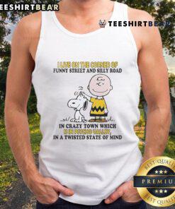 Good Snoopy and Charlie Brown tank top featuring 'I Live on the Corner of Funny Street and Silly Road' design.