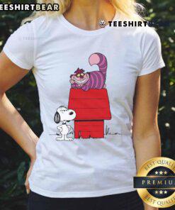 Good Snoopy X Cheshire Cat An Unwelcome Visitor Ladies Tee featuring playful graphics of Snoopy and Cheshire Cat.