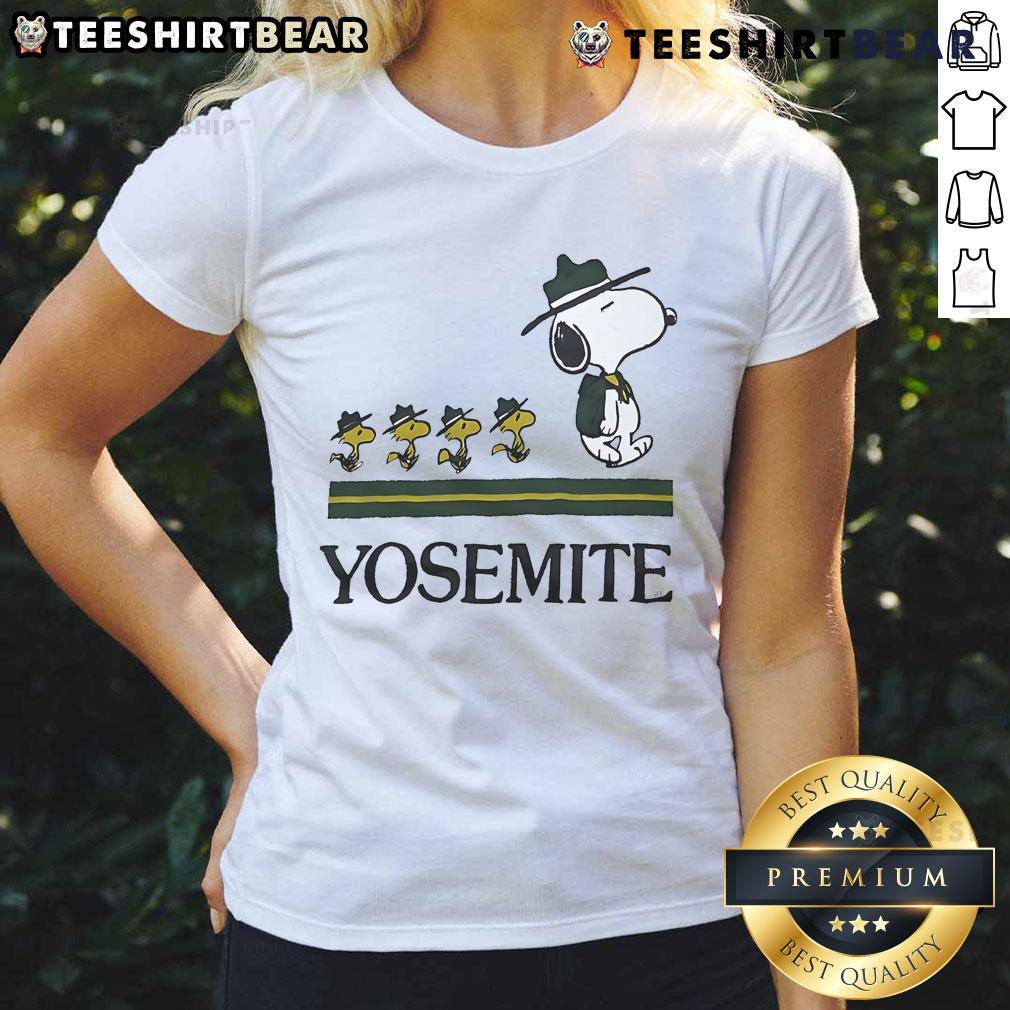 Happy Snoopy Yosemite vintage ladies tee featuring a cheerful Snoopy in a scenic Yosemite backdrop, perfect for casual wear.
