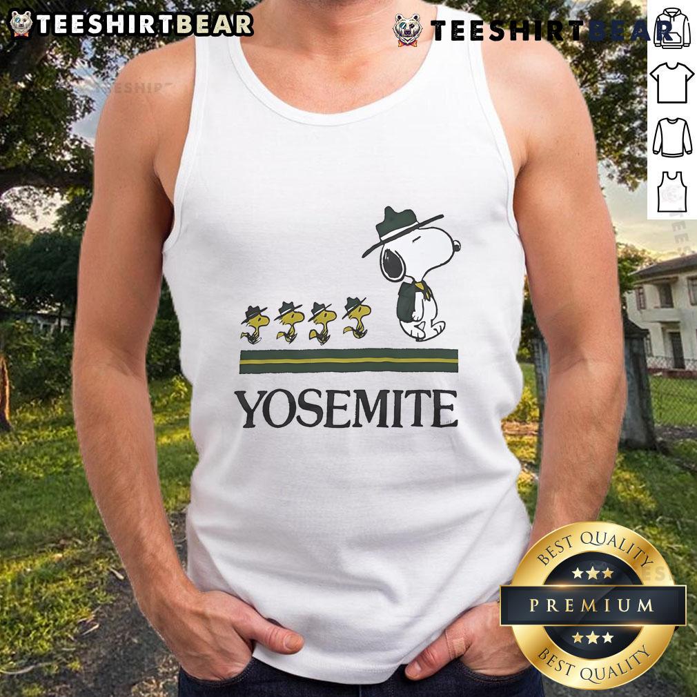 Happy Snoopy in Yosemite on a vintage tank top, perfect for casual summer style and nostalgic Peanuts fans.