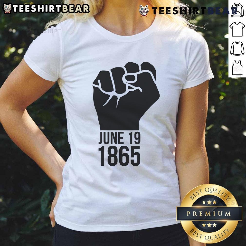 Hot June 19, 1865 Fist Ladies Tee shirt featuring a bold design celebrating historical women's empowerment.
