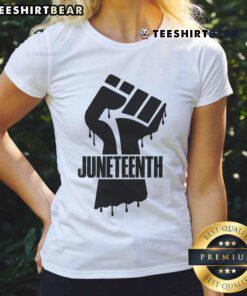 Alt Text: Hot Juneteenth Black Fist Ladies Tee featuring a bold graphic celebrating Black empowerment and heritage.