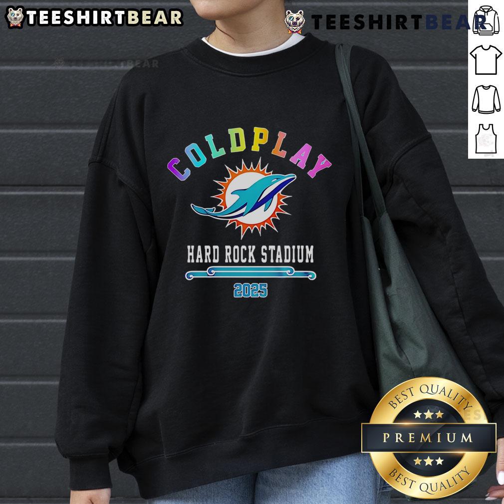 Limited edition 2025 Miami Dolphins x Coldplay sweatshirt featuring bold graphics and vibrant colors.