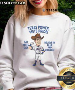 Blue and orange sweatshirt featuring 'Go Mets' and 'Believe In Blue And Orange' for New York Mets fans.