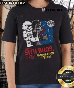 8-bit graphic of 'Nice Super Sith Bros Galactic Annihilation System' on a ladies tee, perfect for gamers and sci-fi fans.