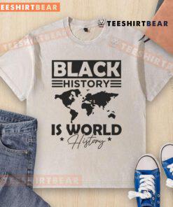 Official Black History is World History washed t-shirt featuring bold text design on a casual black fabric.