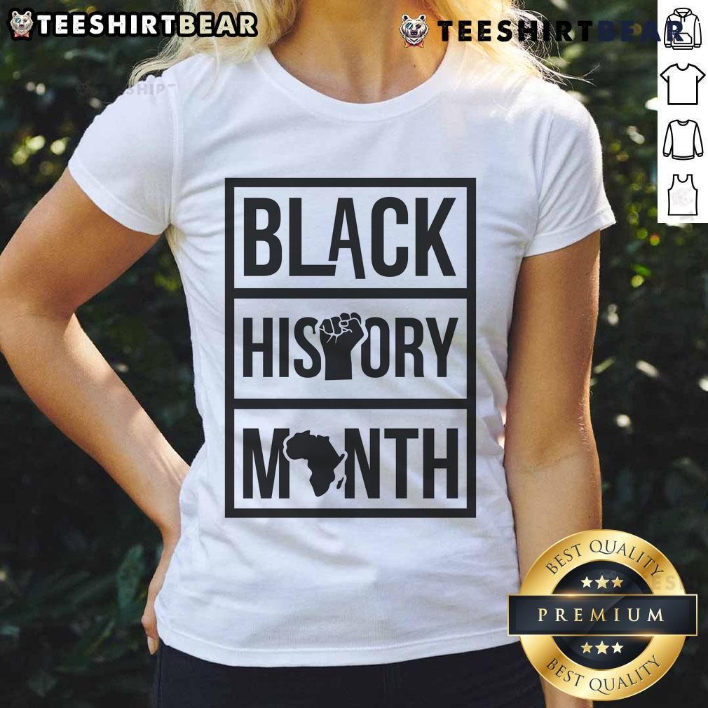 Official Black History Month Africa Fist Ladies Tee showcasing empowerment and cultural pride in vibrant design.