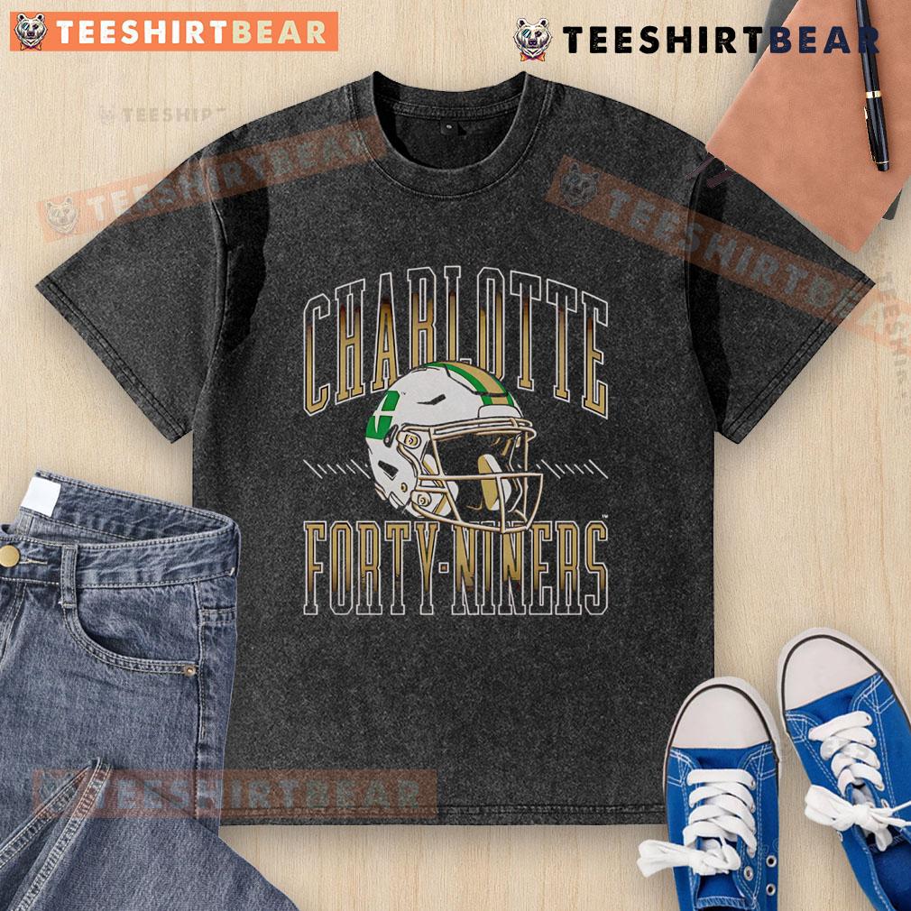 Alt Text: Official Charlotte 49ers football helmet graphic on a washed t-shirt, perfect for fans and game day attire.