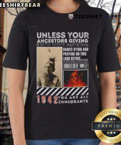 Official Native American graphic tee for women highlighting immigrant ancestry message in stylish design.