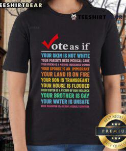 Premium ladies tee featuring 'Vote As If Your Skin Is Not White - Your Parents Need Medical Care' slogan for advocacy.