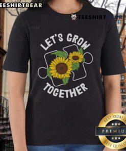 Pretty Let's Grow Together Sunflower Puzzle Piece Autism Awareness Ladies Tee featuring vibrant sunflower and puzzle design.