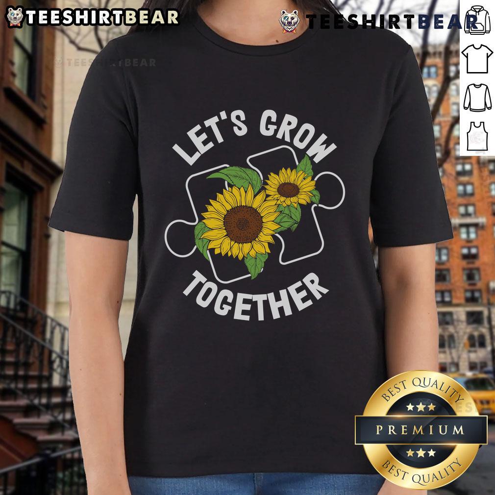 Pretty Let's Grow Together Sunflower Puzzle Piece Autism Awareness Ladies Tee featuring vibrant sunflower and puzzle design.