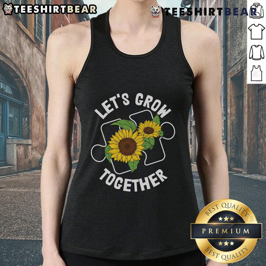 Pretty Let's Grow Together sunflower puzzle piece autism awareness tank top, promoting inclusivity and support for autism.