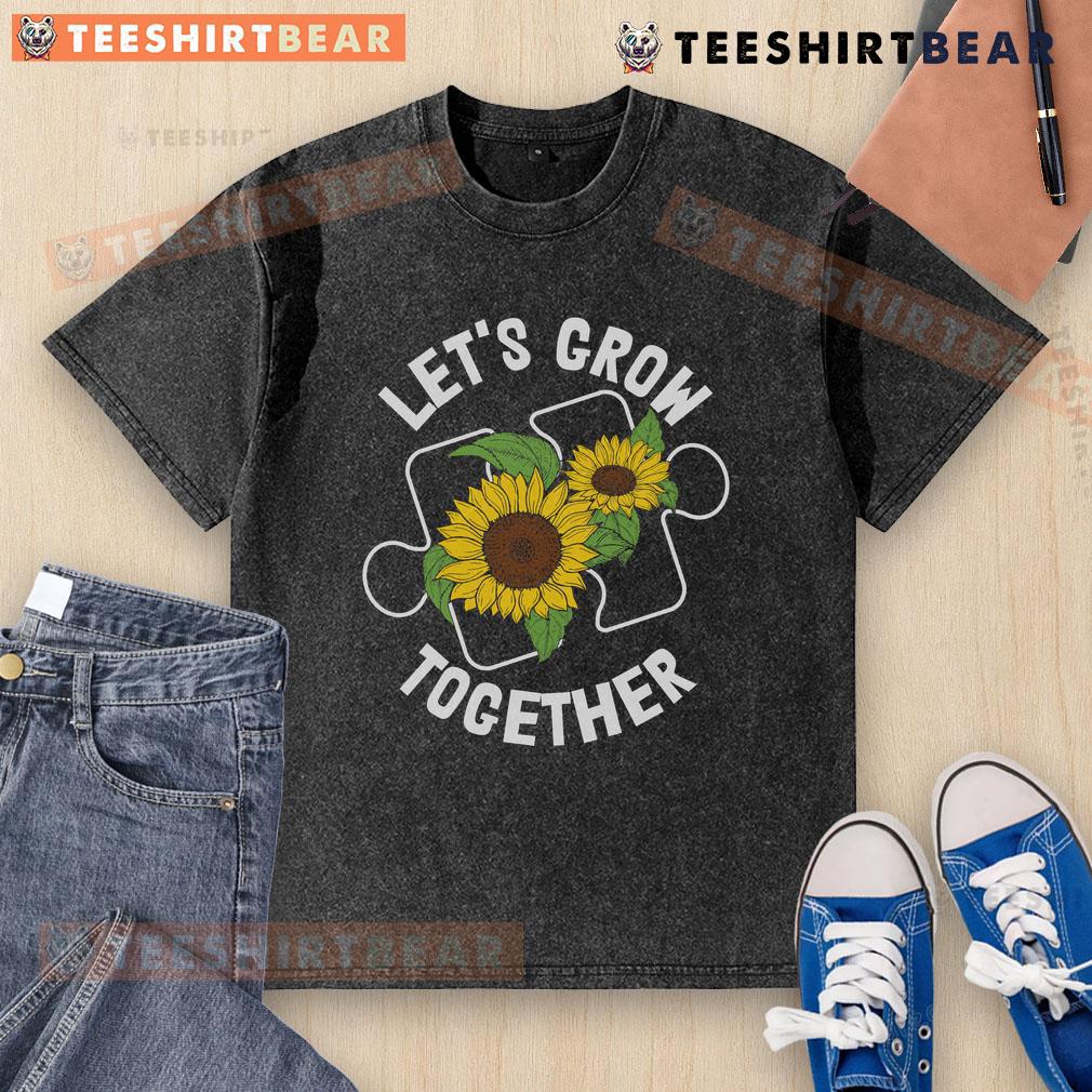 Pretty Let's Grow Together sunflower puzzle piece t-shirt for Autism Awareness, showcasing a colorful design on a washed backdrop.