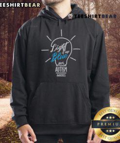 Alt Text: Blue Autism Awareness hoodie featuring a lightbulb design, promoting Light It Up Blue for autism awareness.