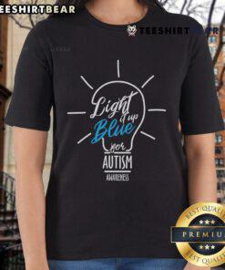 Pretty Light It Up Blue Autism Awareness lightbulb graphic on a stylish ladies tee, promoting autism awareness and support.