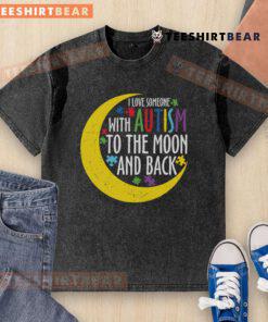 Pretty Love Someone With Autism To The Moon And Back puzzle piece washed t-shirt in soft cotton, perfect for autism awareness.