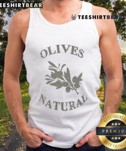 Model wearing a 'Pretty Museum of Peace and Quiet' olive tank top, showcasing stylish design and serene aesthetic.
