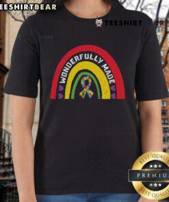 Pretty Wonderfully Made Puzzle Ribbon Rainbow Ladies Tee featuring vibrant colors and a unique puzzle design.