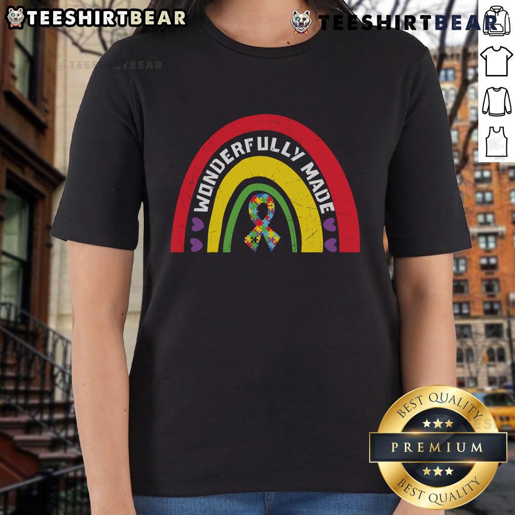 Pretty Wonderfully Made Puzzle Ribbon Rainbow Ladies Tee featuring vibrant colors and a unique puzzle design.