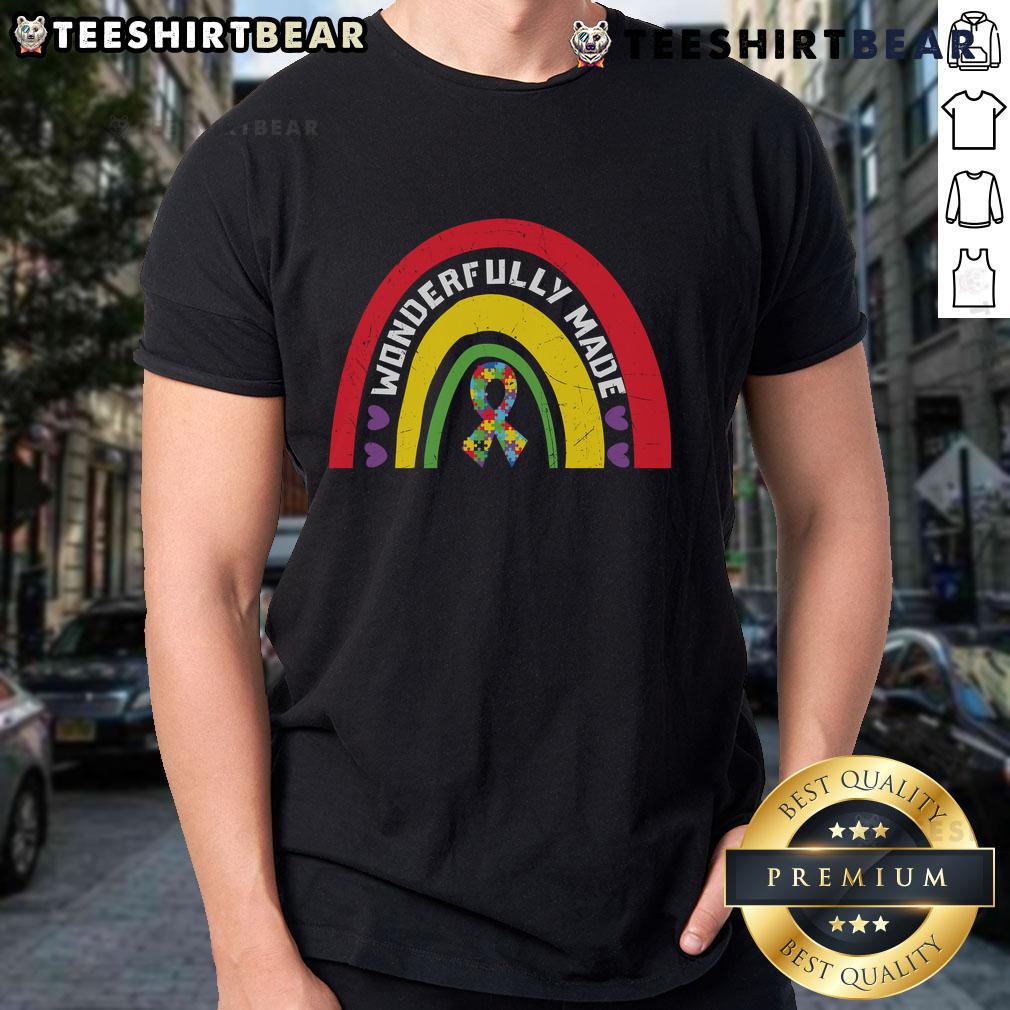 Pretty Wonderfully Made Puzzle Ribbon Rainbow T-Shirt design featuring vibrant colors and a playful puzzle motif.