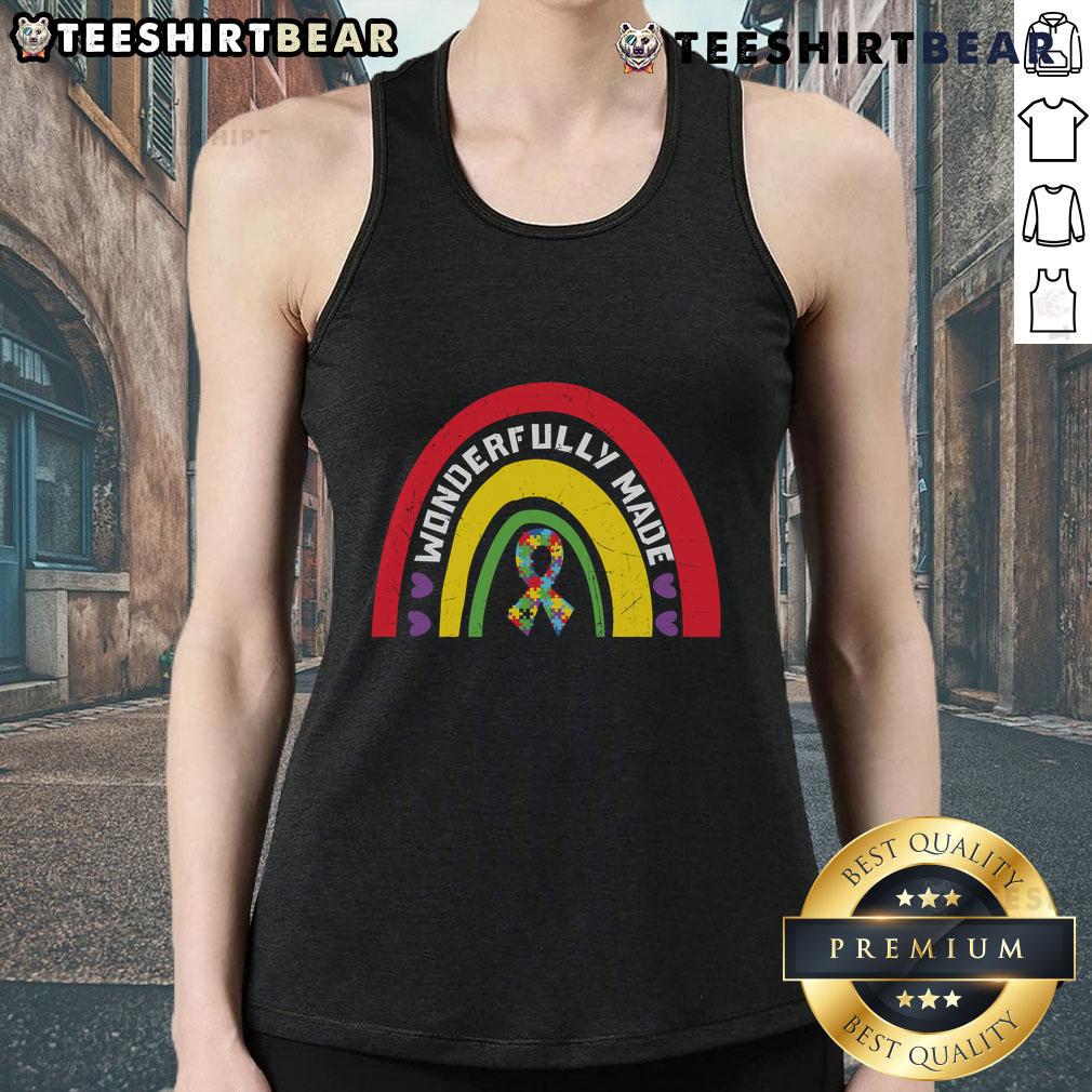 Colorful rainbow tank top featuring a puzzle ribbon design, perfect for expressing individuality and style.