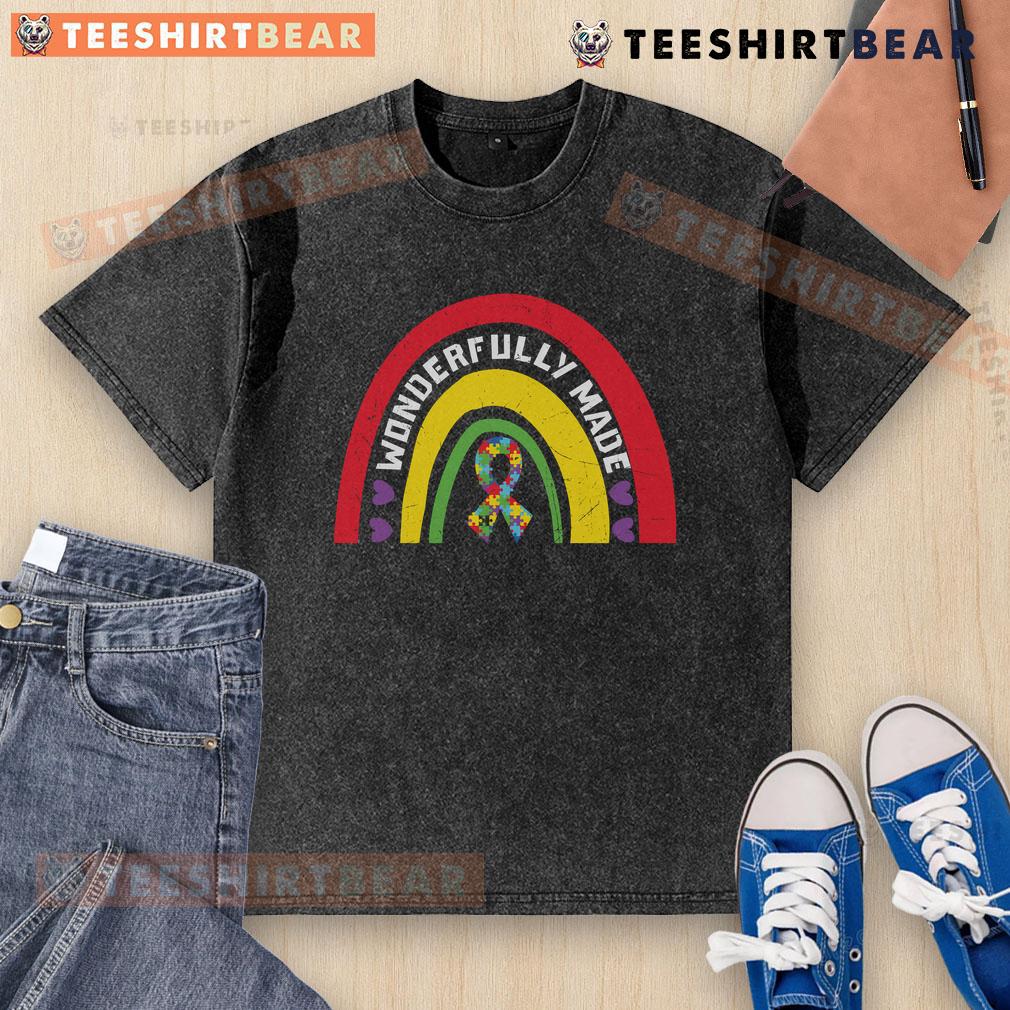Pretty wonderfully made puzzle ribbon rainbow washed t-shirt featuring vibrant colors and a unique design.