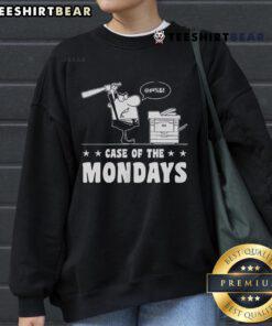 Top angry businessman wearing 'Case of the Mondays' sweatshirt, expressing frustration in a corporate setting.