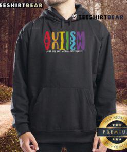 Colorful hoodie featuring 'Just See the World Differently' slogan, celebrating autism awareness with a rainbow reflection design.