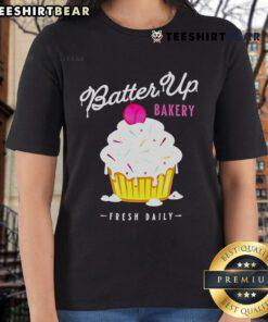 Top Batter Up Bakery cupcake fresh daily ladies tee featuring a colorful cupcake design for sweet treat lovers.