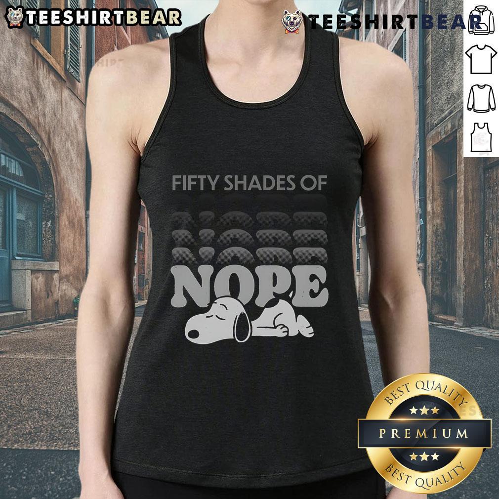 Top Fifty Shades of Nope Snoopy tank top featuring a playful Snoopy design in vibrant colors on a trendy apparel piece.