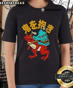 Top Hannya Frog Ladies Tee featuring a vibrant graphic design of a Hannya mask and frog, perfect for unique women's fashion.