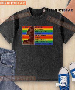 Black woman wearing 'I Am Black, Educated, Resilient' T-shirt, showcasing empowerment and pride in her identity.