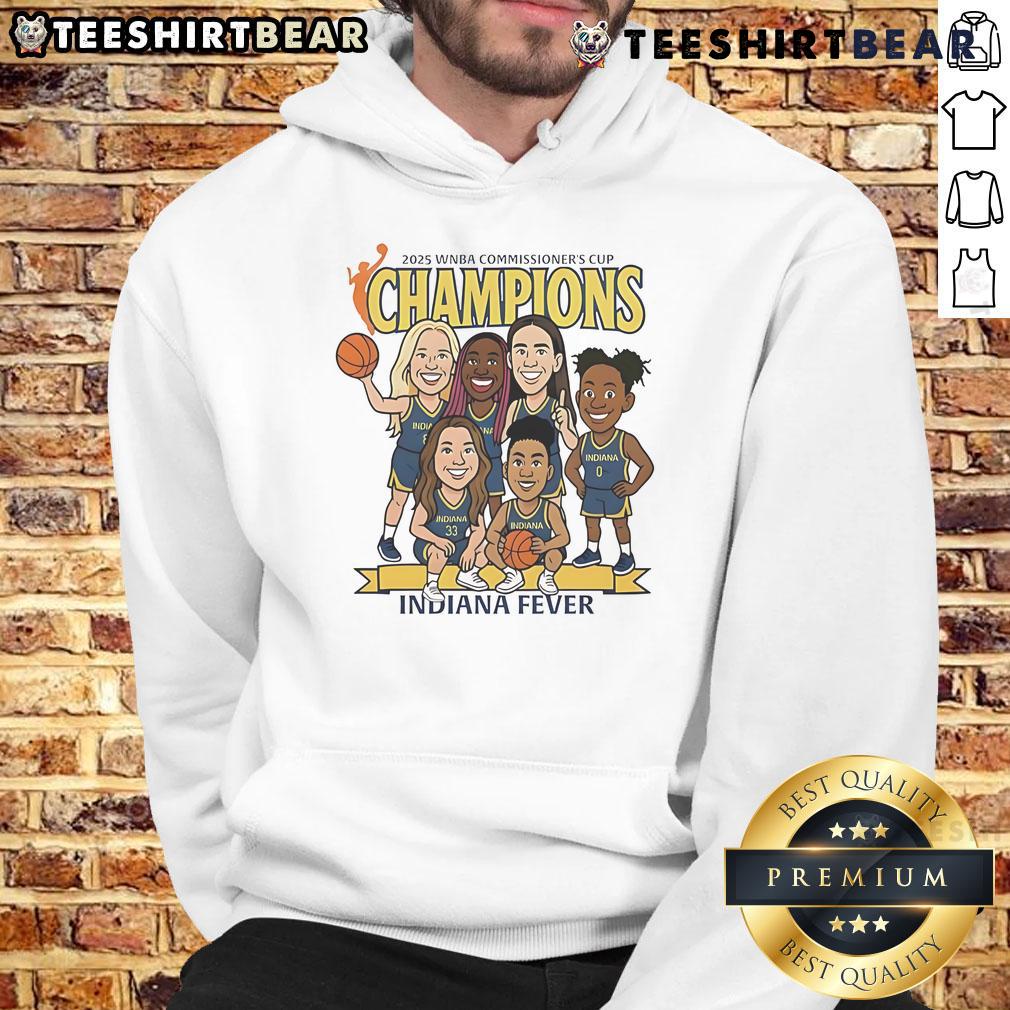 Top Indiana Fever caricature hoodie celebrating the 2025 WNBA Commissioner's Cup Champions in vibrant colors.