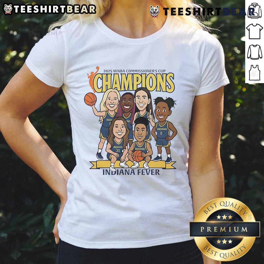 Alt Text: Top Indiana Fever caricature 2025 WNBA Commissioners Cup Champions ladies tee showcasing team spirit and celebration.