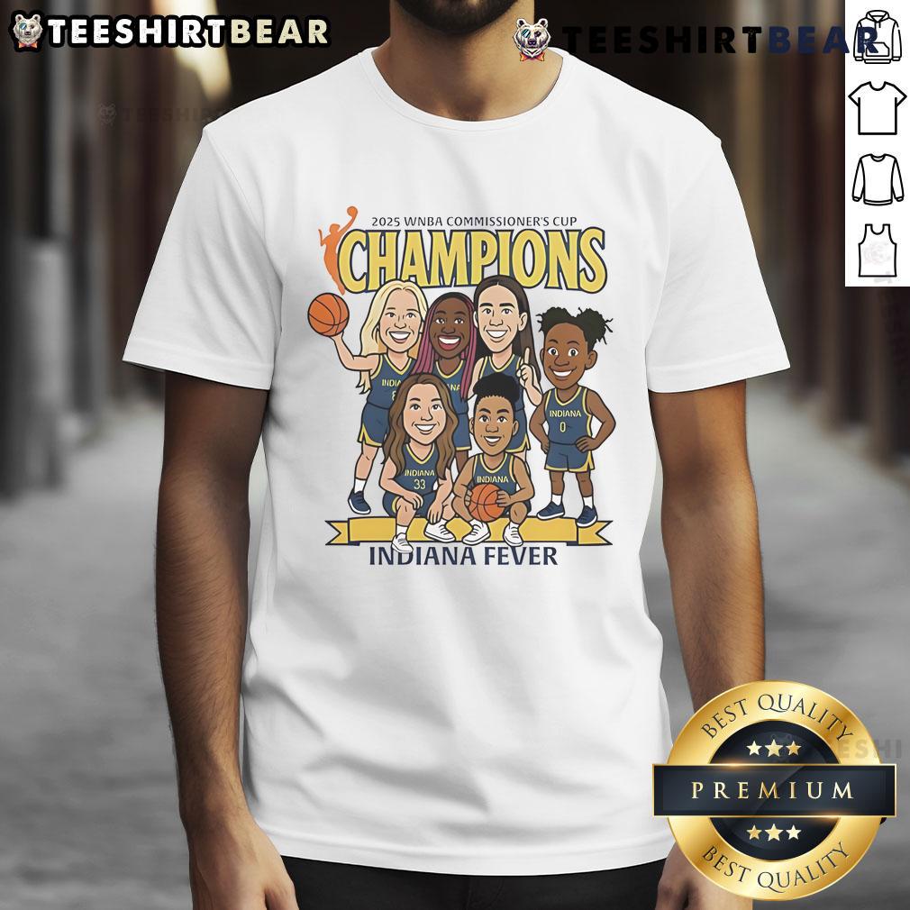 Alt Text: Top Indiana Fever caricature 2025 WNBA Commissioner's Cup Champions T-Shirt featuring vibrant team graphics.