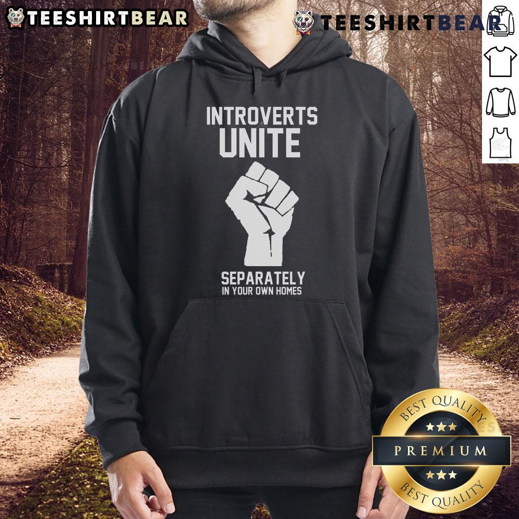Cozy hoodie with 'Top Introverts Unite Separately in Your Own Homes' design, perfect for introverts seeking comfort at home.