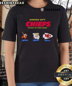 Kansas City Chiefs history of team logos on a stylish ladies tee, showcasing iconic designs in team colors.