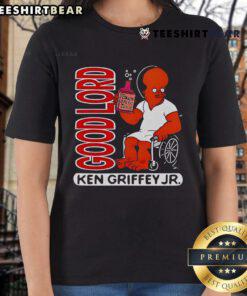 Top Ken Griffey Jr. Good Lord cartoon ladies tee featuring a vibrant design of the baseball legend in action.