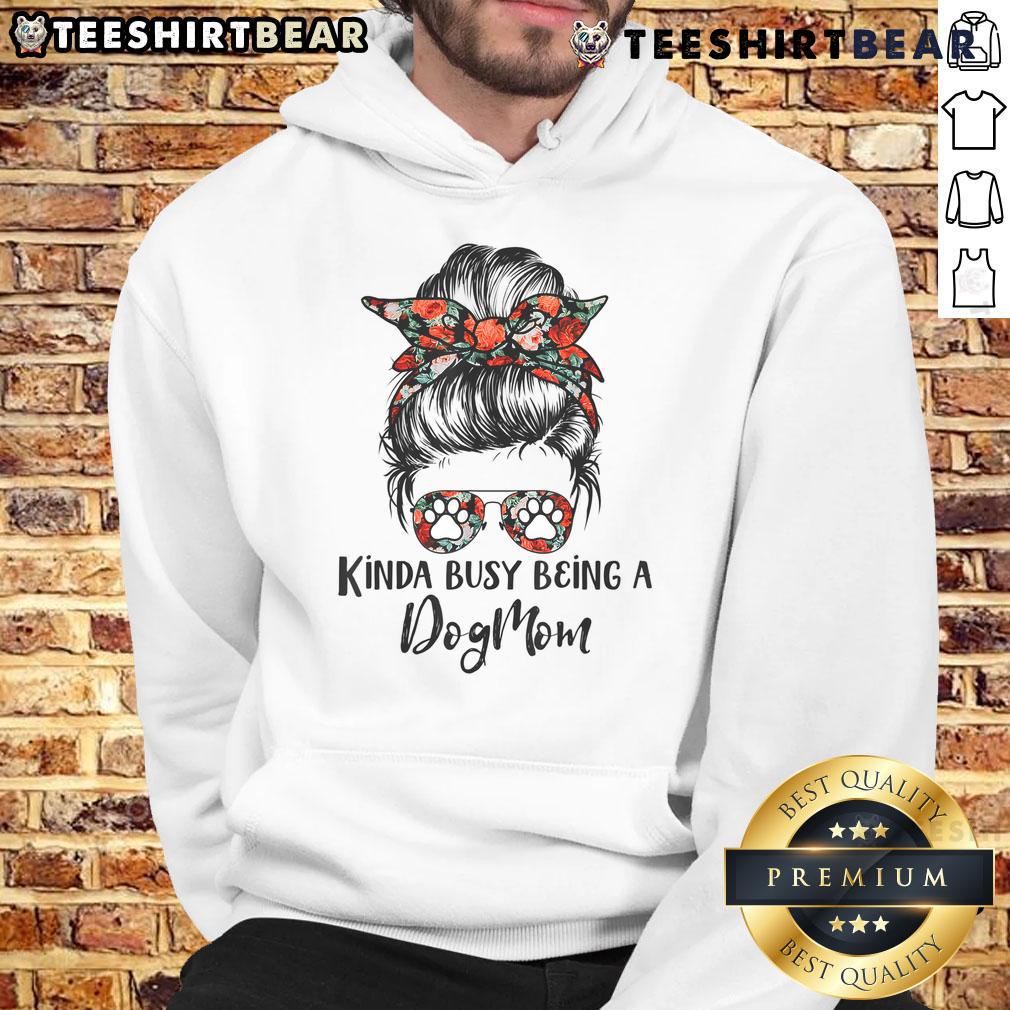 Cozy hoodie with 'Top Kinda Busy Being a Dog Mom' design, featuring a messy bun graphic, perfect for dog lovers.