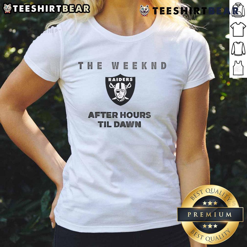 Alt Text: Stylish Las Vegas Raiders The Weeknd After Hours Til Dawn 2025 ladies tee featuring vibrant design and team logo.
