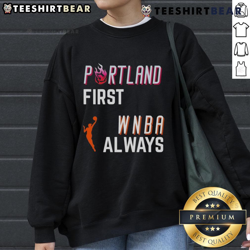 Alt Text: Top Portland first WNBA Always sweatshirt featuring vibrant colors and stylish design for basketball fans.