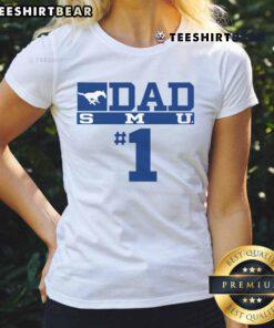 Alt Text: Top SMU Mustangs No. 1 Dad Ladies Tee featuring team colors and logo, perfect for proud Mustang fans.