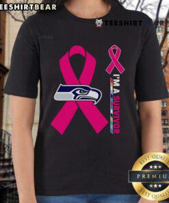 Alt Text: Top Seattle Seahawks X Cancer Awareness 'I'm A Survivor' Ladies Tee showcasing team spirit and support for cancer survivors.
